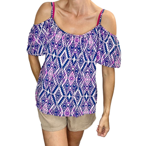 One Clothing Los Angeles pink blue white print cold shoulder top L